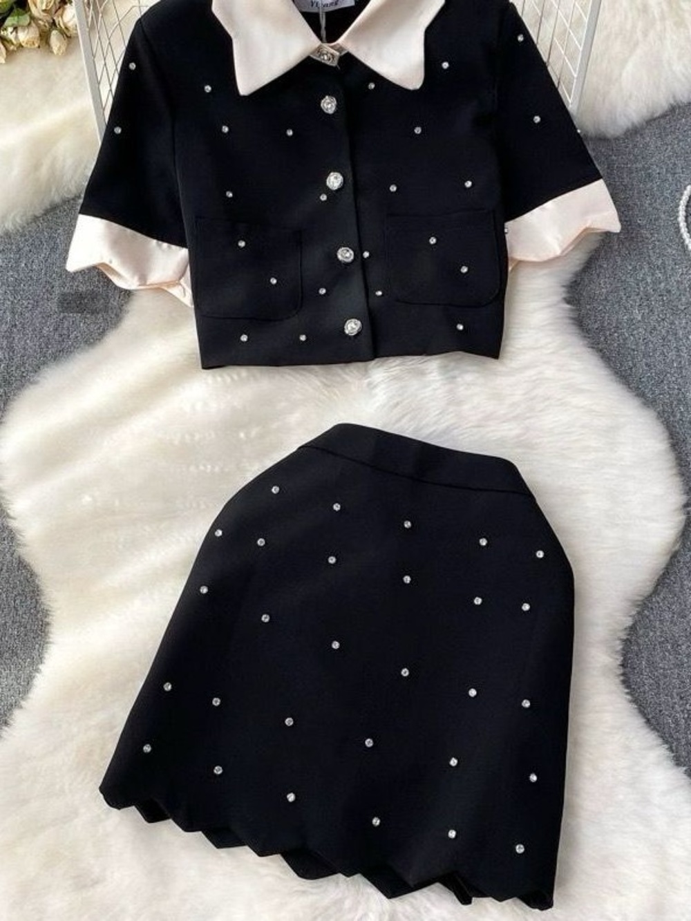 Chic Rhinestone Embellished Two Piece Matching Coord Set Crop Top & Mini Skirt 💎
